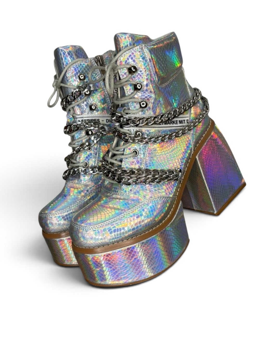 Brand New Holographic Ochotoros Platform Lace-Up Ankle Boots - Silver